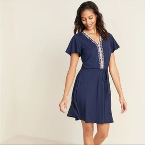 Old Navy Aztec Navy Embroidered V Neck Swing Dress